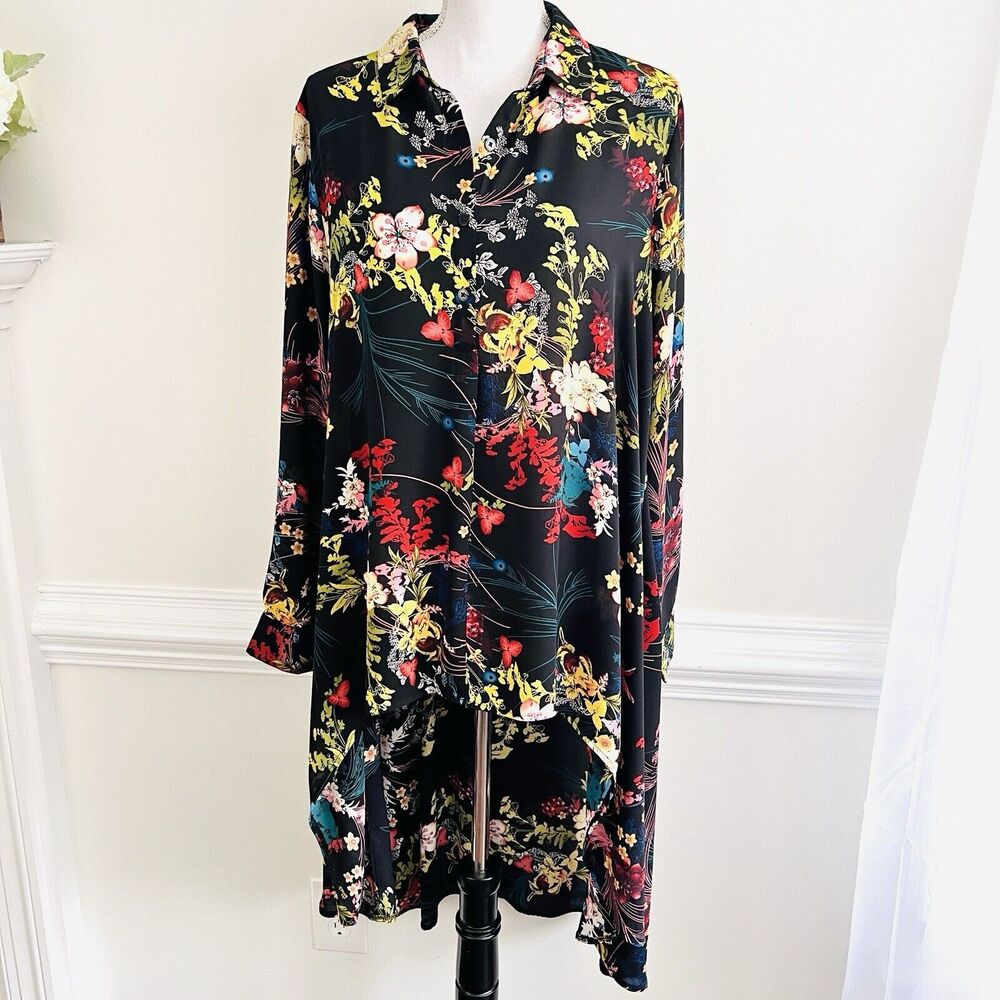 Lena Gabrielle Soft Flowy Black Colorful Floral High Low Chiffon Blouse ~Size XL